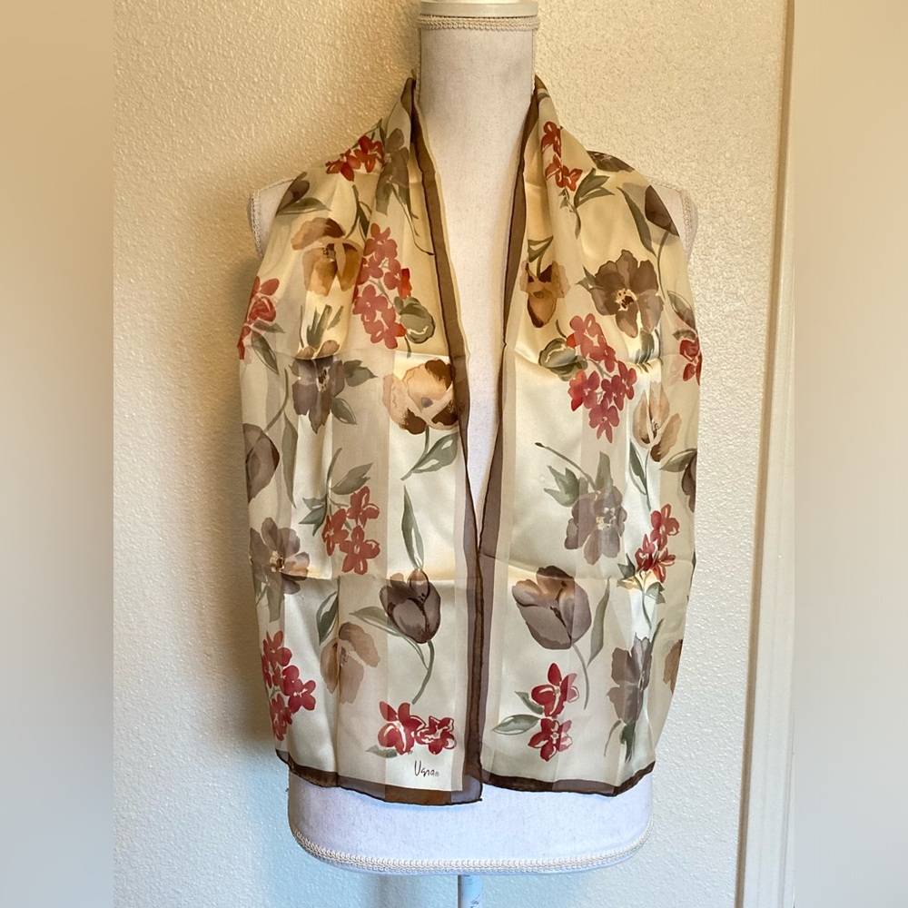 Vera Neumann Silk Organza Brown Beige Floral Rectangle Scarf 10.5” X 52”